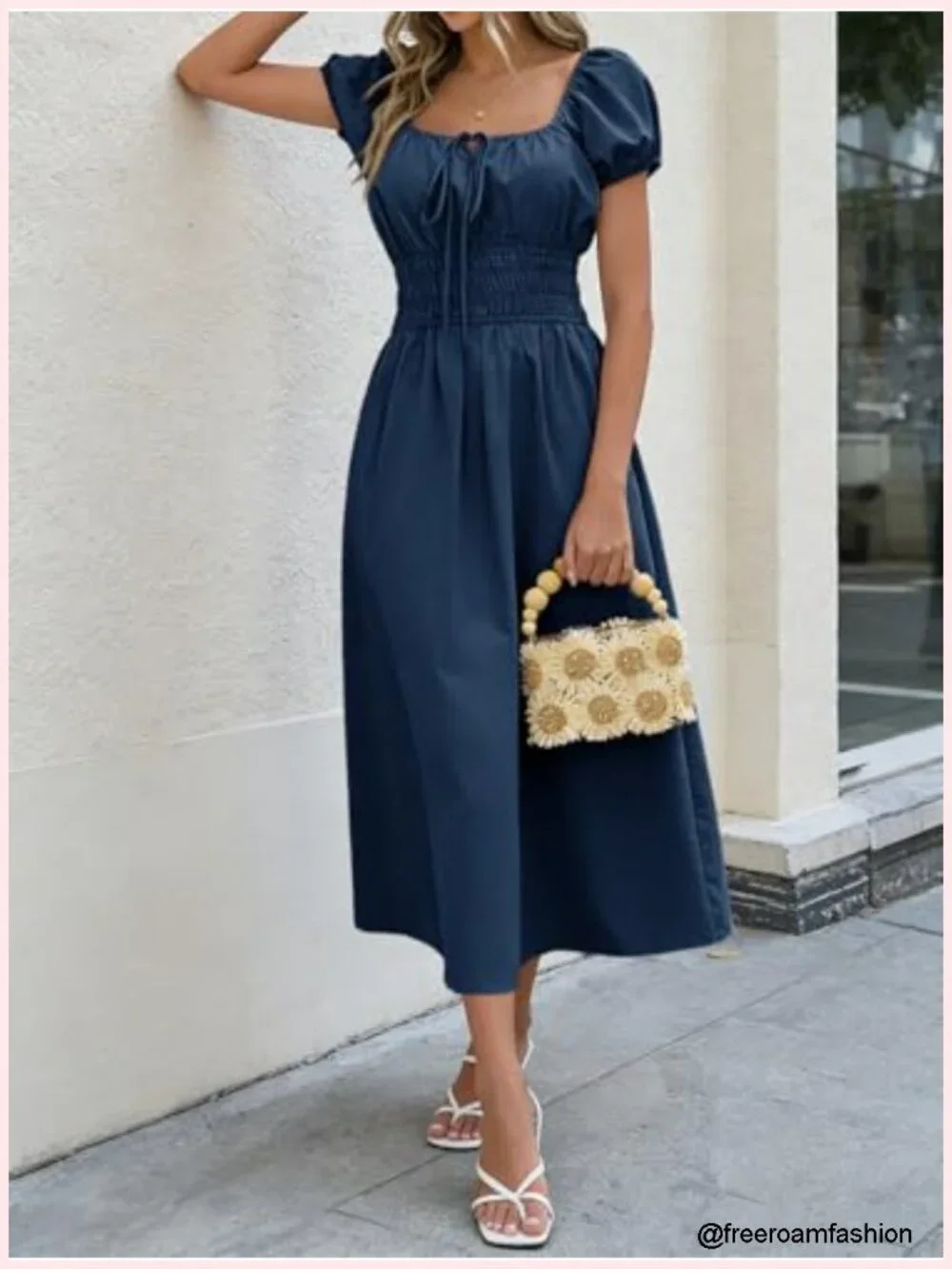 Short Puff Sleeve Midi Dress Scoop Neck A-Line Sundress with Pockets
